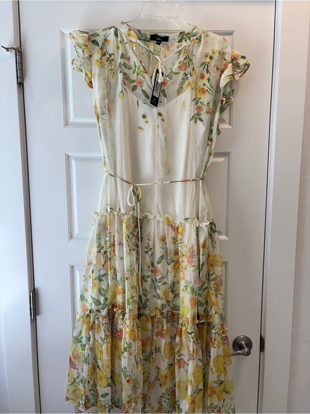 Lulu's Floral Tie-Front Sheer Maxi Dress in Cream, Yellow & Green